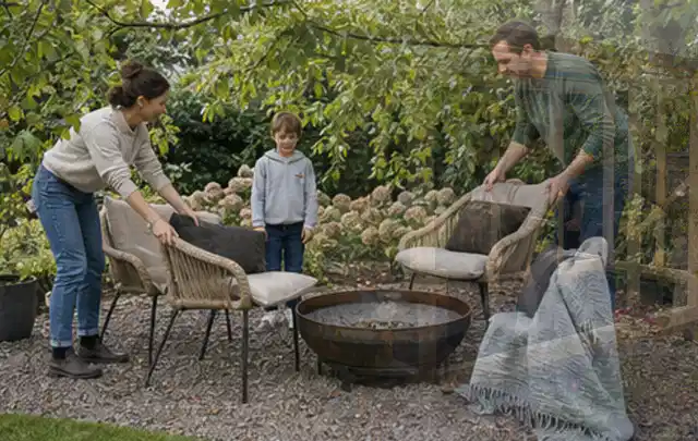 Familie stellt wetterfeste Sessel an einem geschützten Sitzplatz im Garten auf; Thema Poolabdeckungen, Schwerpunkt Fehlerhilfe; Ausgangslage.