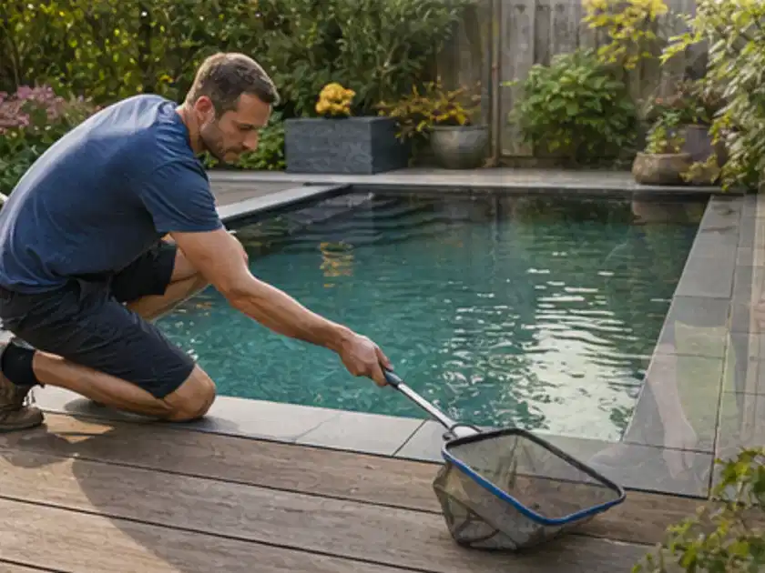 Person entfernt Blätter mit einem Kescher aus einem kleinen Gartenpool; Thema Poolabdeckungen, Schwerpunkt Gärten mit großer Fläche; Titelbild.