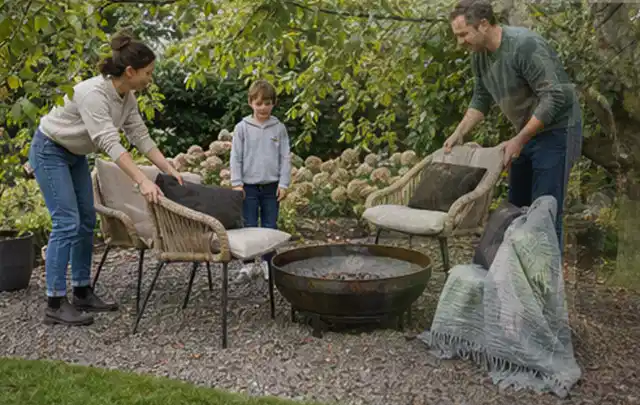 Familie stellt wetterfeste Sessel an einem geschützten Sitzplatz im Garten auf; Thema Poolabdeckungen, Schwerpunkt Gärten mit großer Fläche; Ausgangslage.