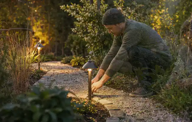 Person richtet eine niedrige warm leuchtende Gartenlampe am Kiesweg aus; Thema Poolabdeckungen, Schwerpunkt Gärten mit großer Fläche; Praxisalltag.