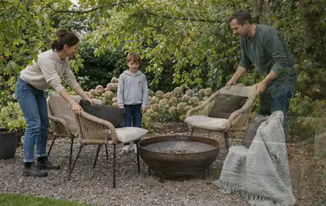 Familie stellt wetterfeste Sessel an einem geschützten Sitzplatz im Garten auf; Thema Poolabdeckungen, Schwerpunkt Gärten mit kleiner Fläche; Ergebnis.
