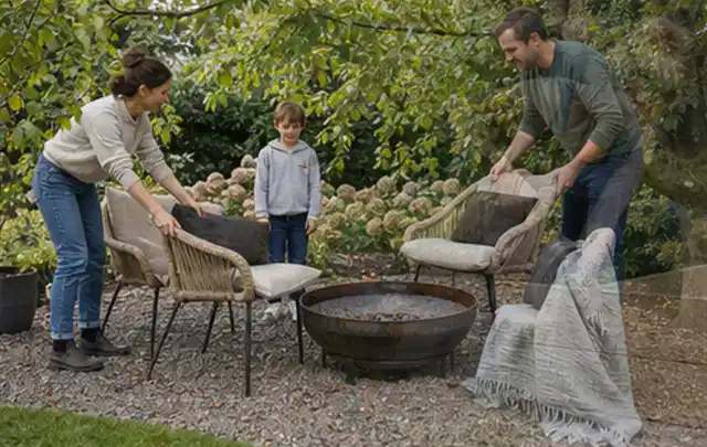 Familie stellt wetterfeste Sessel an einem geschützten Sitzplatz im Garten auf; Thema Poolabdeckungen, Schwerpunkt Kaufberatung; Ergebnis.
