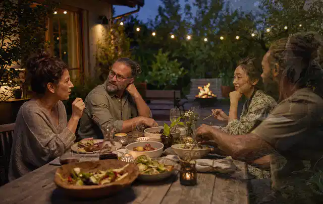 Menschen verbringen einen ruhigen Abend an einem Sitzplatz im Garten; Thema Poolabdeckungen, Schwerpunkt Kaufberatung; Praxisalltag.