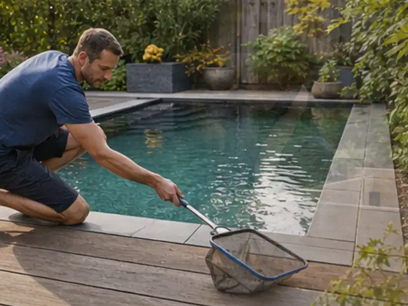 Person entfernt Blätter mit einem Kescher aus einem kleinen Gartenpool; Thema Poolabdeckungen, Schwerpunkt Kosten; Titelbild.