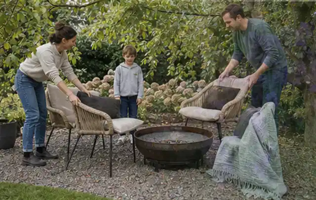 Familie stellt wetterfeste Sessel an einem geschützten Sitzplatz im Garten auf; Thema Poolabdeckungen, Schwerpunkt Kosten; Kontrolle.