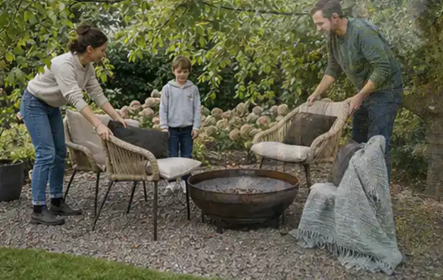 Familie stellt wetterfeste Sessel an einem geschützten Sitzplatz im Garten auf; Thema Poolabdeckungen, Schwerpunkt Nachhaltigkeit; Ausgangslage.
