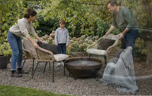 Familie stellt wetterfeste Sessel an einem geschützten Sitzplatz im Garten auf; Thema Poolabdeckungen, Schwerpunkt Pools; Umsetzung.