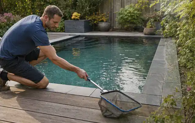 Person entfernt Blätter mit einem Kescher aus einem kleinen Gartenpool; Thema Poolabdeckungen, Schwerpunkt Reinigung; Praxisalltag.