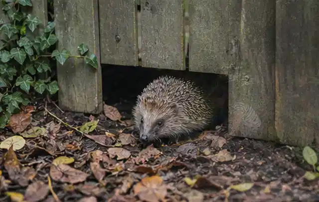 Igel nutzt einen bodennahen Durchgang unter einem hölzernen Gartenzaun; Thema Poolabdeckungen, Schwerpunkt Reparatur; Ausgangslage.