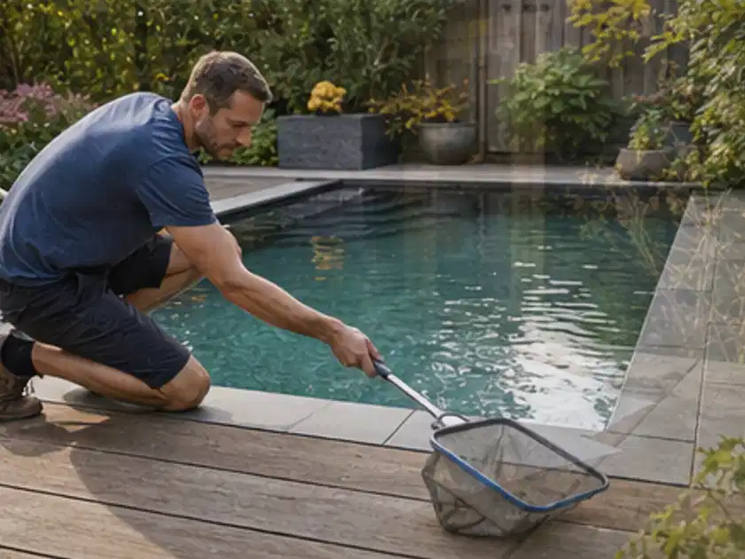 Person entfernt Blätter mit einem Kescher aus einem kleinen Gartenpool; Thema Poolabdeckungen, Schwerpunkt Systemvergleich; Titelbild.