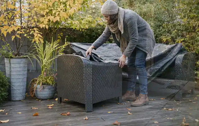 Person deckt Gartenmöbel vor der kalten Jahreszeit sorgfältig ab; Thema Poolabdeckungen, Schwerpunkt Systemvergleich; Ausgangslage.