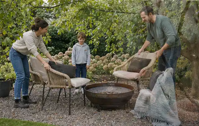 Familie stellt wetterfeste Sessel an einem geschützten Sitzplatz im Garten auf; Thema Poolabdeckungen, Schwerpunkt Systemvergleich; Kontrolle.