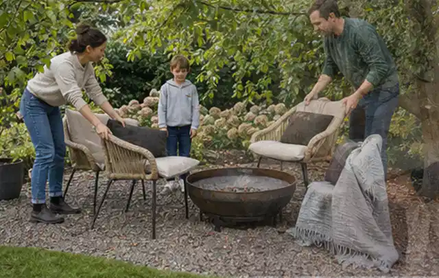 Familie stellt wetterfeste Sessel an einem geschützten Sitzplatz im Garten auf; Thema Poolabdeckungen, Schwerpunkt Vergleich; Ausgangslage.