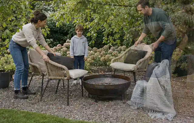 Familie stellt wetterfeste Sessel an einem geschützten Sitzplatz im Garten auf; Thema Poolabdeckungen, Schwerpunkt Wartung; Praxisalltag.