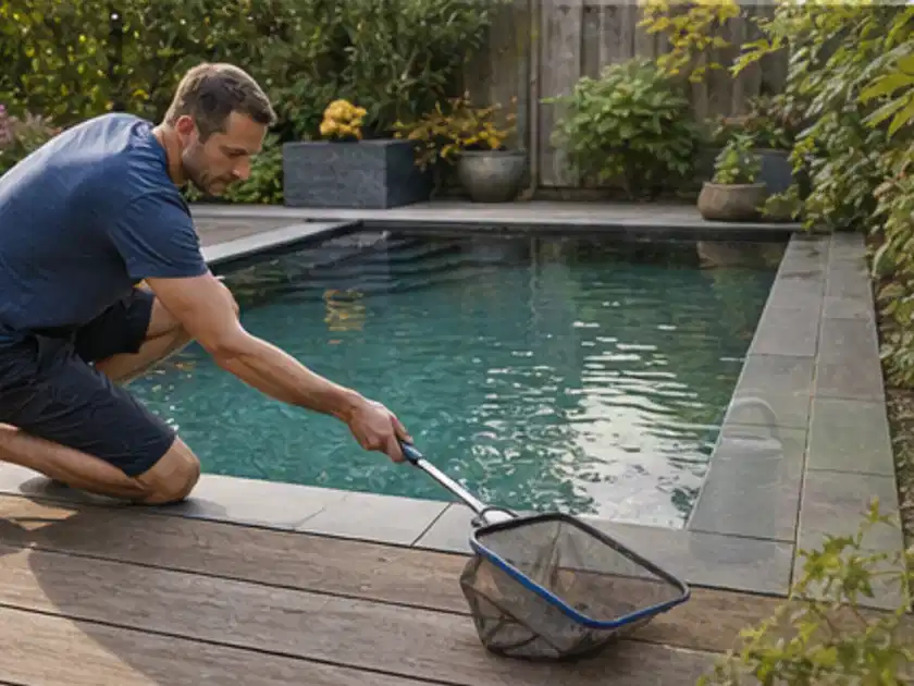 Person entfernt Blätter mit einem Kescher aus einem kleinen Gartenpool; Thema Poolabdeckungen, Schwerpunkt Winterlager; Titelbild.