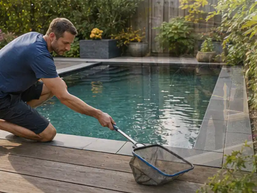Person entfernt Blätter mit einem Kescher aus einem kleinen Gartenpool; Thema Poolchemie, Schwerpunkt Anwendung; Titelbild.