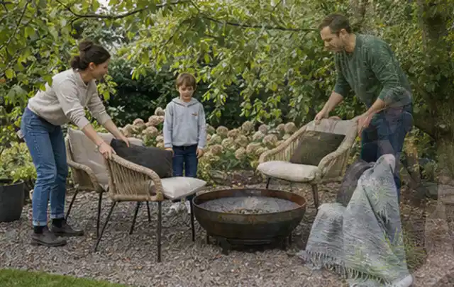 Familie stellt wetterfeste Sessel an einem geschützten Sitzplatz im Garten auf; Thema Poolchemie, Schwerpunkt Anwendung; Ergebnis.