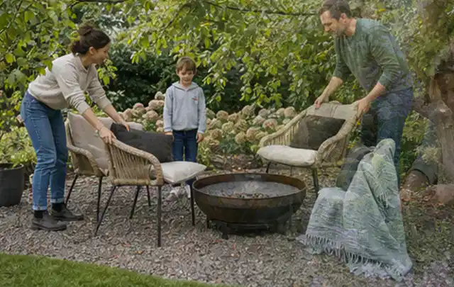Familie stellt wetterfeste Sessel an einem geschützten Sitzplatz im Garten auf; Thema Poolchemie, Schwerpunkt Bestenliste; Ausgangslage.