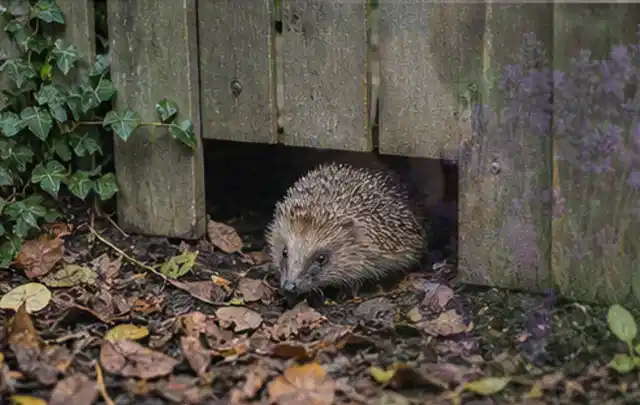 Igel nutzt einen bodennahen Durchgang unter einem hölzernen Gartenzaun; Thema Poolchemie, Schwerpunkt Bestenliste; Umsetzung.
