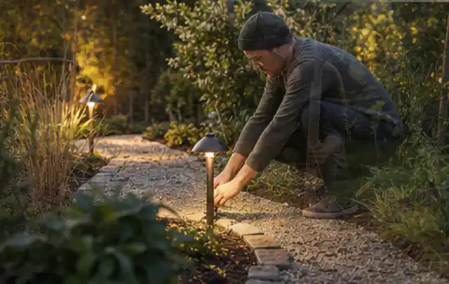 Person richtet eine niedrige warm leuchtende Gartenlampe am Kiesweg aus; Thema Poolchemie, Schwerpunkt Bestenliste; Ergebnis.