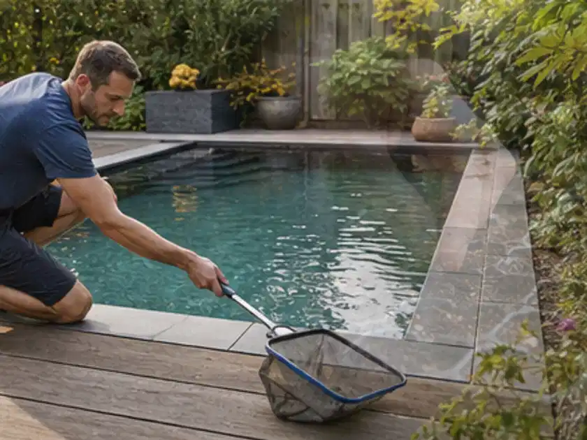 Person entfernt Blätter mit einem Kescher aus einem kleinen Gartenpool; Thema Poolchemie, Schwerpunkt Checkliste; Titelbild.