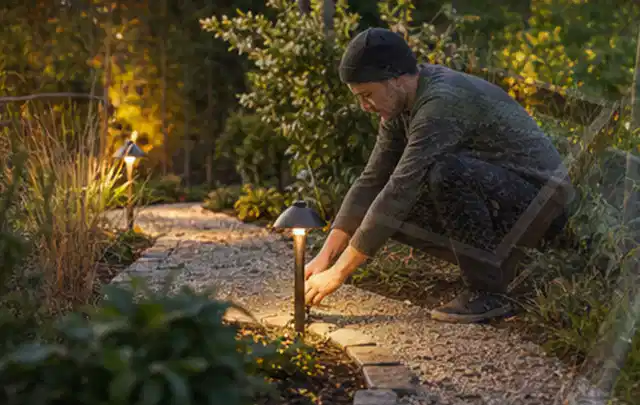Person richtet eine niedrige warm leuchtende Gartenlampe am Kiesweg aus; Thema Poolchemie, Schwerpunkt Fehlerhilfe; Ausgangslage.
