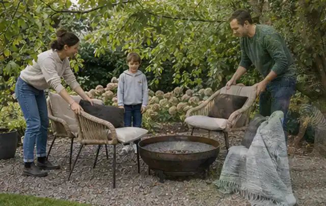 Familie stellt wetterfeste Sessel an einem geschützten Sitzplatz im Garten auf; Thema Poolchemie, Schwerpunkt Fehlerhilfe; Ergebnis.