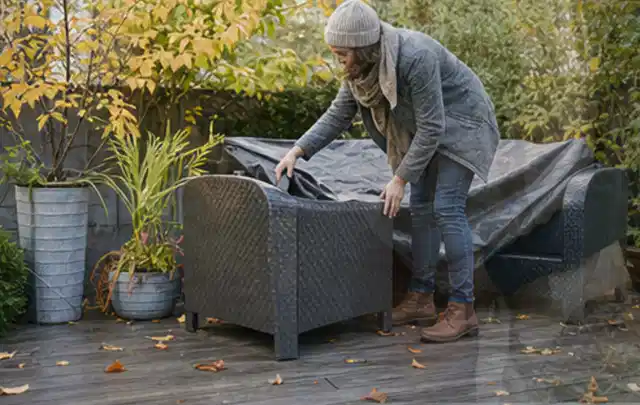 Person deckt Gartenmöbel vor der kalten Jahreszeit sorgfältig ab; Thema Poolchemie, Schwerpunkt Fehlerhilfe; Praxisalltag.