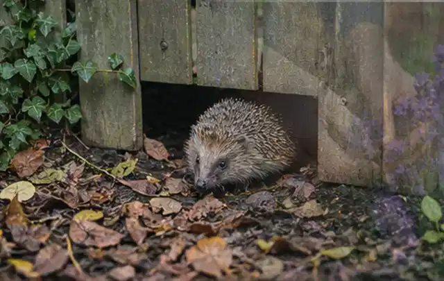 Igel nutzt einen bodennahen Durchgang unter einem hölzernen Gartenzaun; Thema Poolchemie, Schwerpunkt Kaufberatung; Umsetzung.