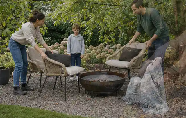 Familie stellt wetterfeste Sessel an einem geschützten Sitzplatz im Garten auf; Thema Poolchemie, Schwerpunkt Kaufberatung; Praxisalltag.