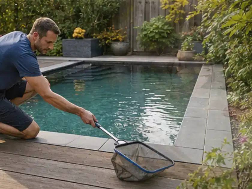 Person entfernt Blätter mit einem Kescher aus einem kleinen Gartenpool; Thema Poolchemie, Schwerpunkt Kosten; Titelbild.