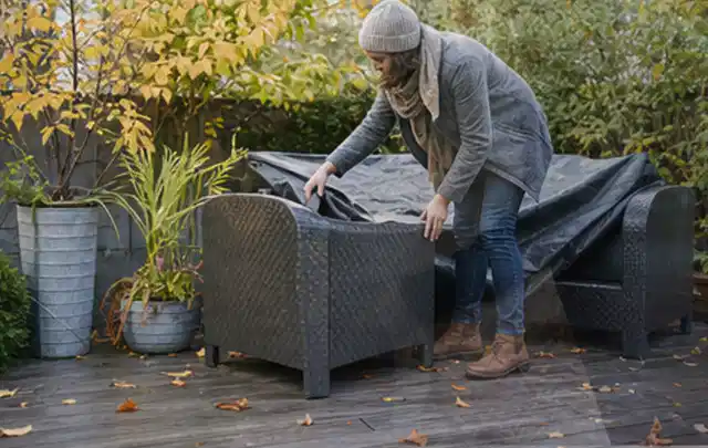 Person deckt Gartenmöbel vor der kalten Jahreszeit sorgfältig ab; Thema Poolchemie, Schwerpunkt Kosten; Praxisalltag.
