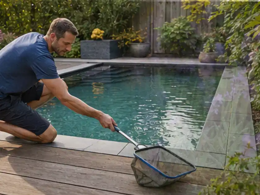 Person entfernt Blätter mit einem Kescher aus einem kleinen Gartenpool; Thema Poolchemie, Schwerpunkt Nachhaltigkeit; Titelbild.