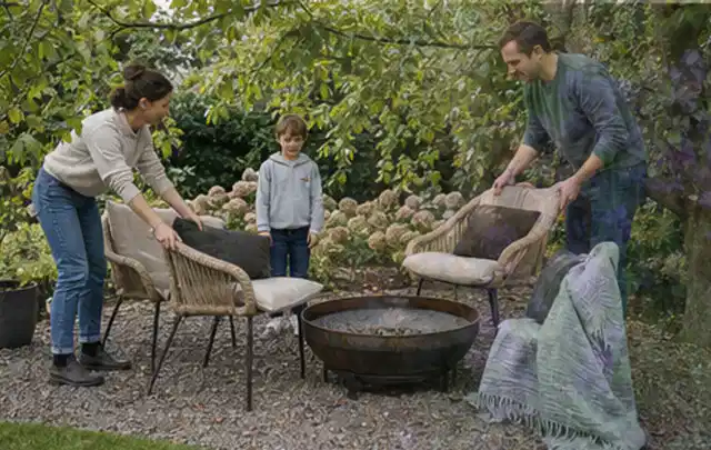Familie stellt wetterfeste Sessel an einem geschützten Sitzplatz im Garten auf; Thema Poolchemie, Schwerpunkt Nachhaltigkeit; Ausgangslage.