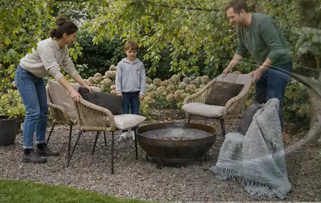 Familie stellt wetterfeste Sessel an einem geschützten Sitzplatz im Garten auf; Thema Poolchemie, Schwerpunkt Pools; Ergebnis.