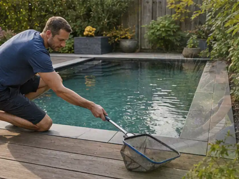 Person entfernt Blätter mit einem Kescher aus einem kleinen Gartenpool; Thema Poolchemie, Schwerpunkt Sicherheit; Titelbild.
