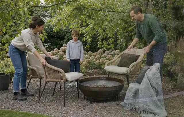 Familie stellt wetterfeste Sessel an einem geschützten Sitzplatz im Garten auf; Thema Poolchemie, Schwerpunkt Sicherheit; Ausgangslage.