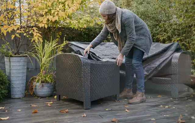 Person deckt Gartenmöbel vor der kalten Jahreszeit sorgfältig ab; Thema Poolchemie, Schwerpunkt Sicherheit; Ergebnis.