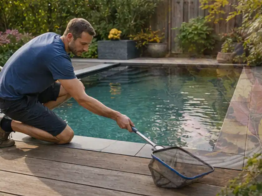 Person entfernt Blätter mit einem Kescher aus einem kleinen Gartenpool; Thema Poolchemie, Schwerpunkt Testkriterien; Titelbild.