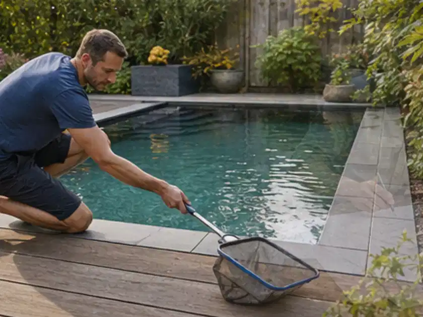 Person entfernt Blätter mit einem Kescher aus einem kleinen Gartenpool; Thema Poolchemie, Schwerpunkt Vergleich; Titelbild.
