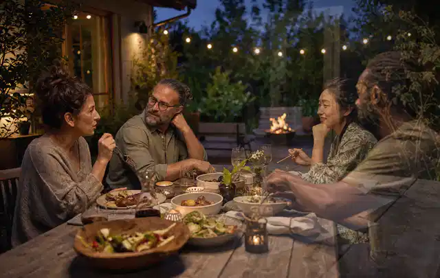 Menschen verbringen einen ruhigen Abend an einem Sitzplatz im Garten; Thema Poolchemie, Schwerpunkt Vergleich; Ausgangslage.