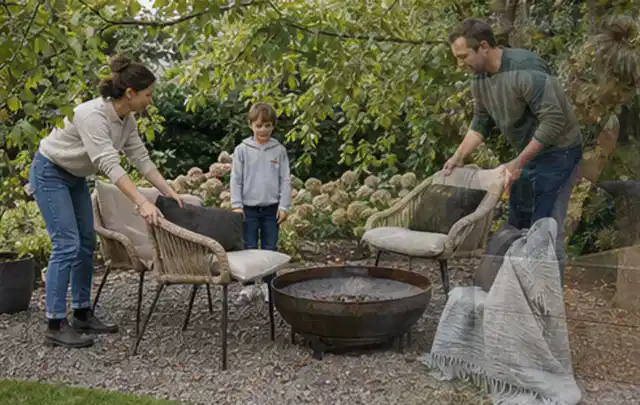 Familie stellt wetterfeste Sessel an einem geschützten Sitzplatz im Garten auf; Thema Poolchemie, Schwerpunkt Vergleich; Umsetzung.