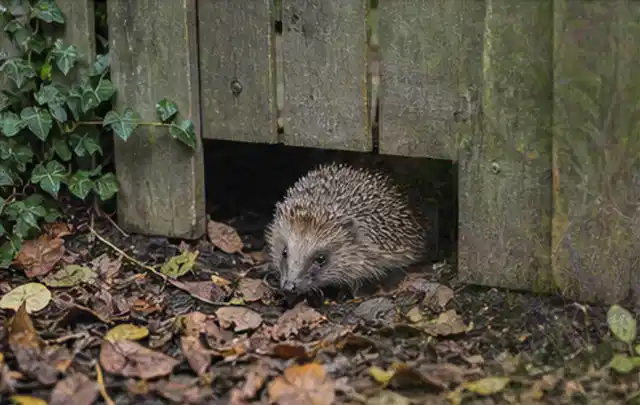 Igel nutzt einen bodennahen Durchgang unter einem hölzernen Gartenzaun; Thema Poolchemie, Schwerpunkt Vergleich; Praxisalltag.