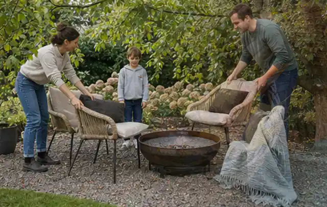Familie stellt wetterfeste Sessel an einem geschützten Sitzplatz im Garten auf; Thema Poolchemie, Schwerpunkt Winterlager; Ergebnis.