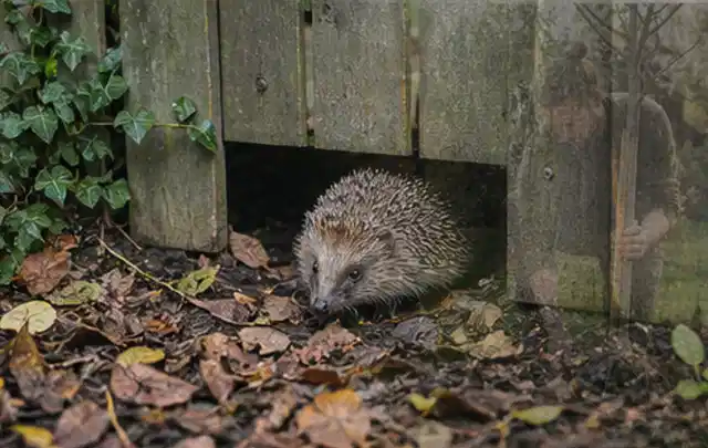 Igel nutzt einen bodennahen Durchgang unter einem hölzernen Gartenzaun; Thema Poolchemie, Schwerpunkt Winterlager; Praxisalltag.