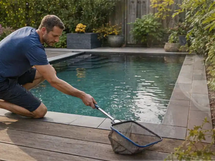 Person entfernt Blätter mit einem Kescher aus einem kleinen Gartenpool; Thema Poolfilter, Schwerpunkt Anwendung; Titelbild.