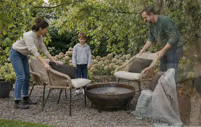 Familie stellt wetterfeste Sessel an einem geschützten Sitzplatz im Garten auf; Thema Poolfilter, Schwerpunkt Anwendung; Ausgangslage.