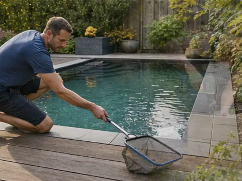 Person entfernt Blätter mit einem Kescher aus einem kleinen Gartenpool; Thema Poolfilter, Schwerpunkt Dimensionierung; Titelbild.