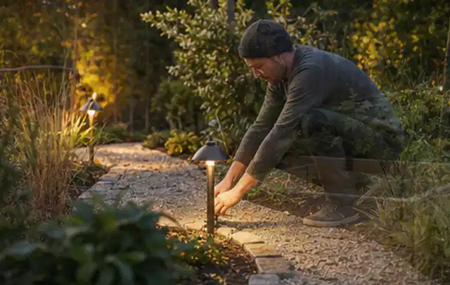 Person richtet eine niedrige warm leuchtende Gartenlampe am Kiesweg aus; Thema Poolfilter, Schwerpunkt Dimensionierung; Ausgangslage.