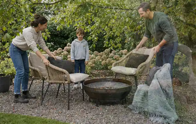 Familie stellt wetterfeste Sessel an einem geschützten Sitzplatz im Garten auf; Thema Poolfilter, Schwerpunkt Dimensionierung; Umsetzung.